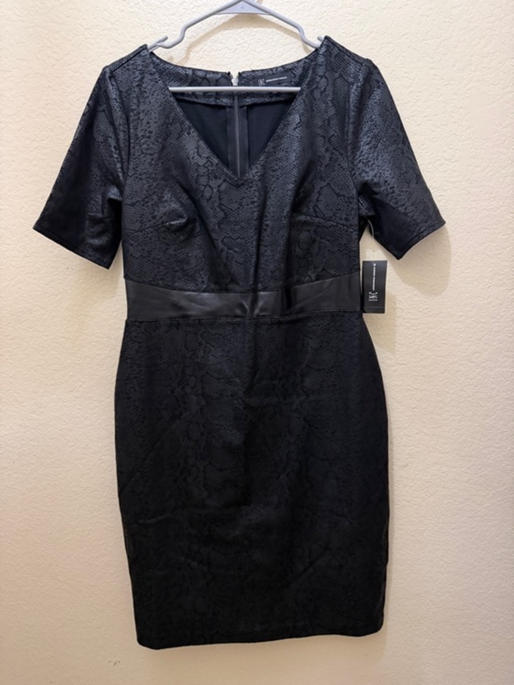 INC International Concepts Black V-Neck Sheath Dress with Faux-Leather Waist